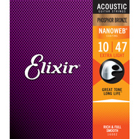 10-47 Elixir Nanoweb Phosphor Bronze Acoustic String Set Extra Light 