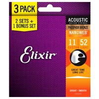ELIXIR 3-Pack Nanoweb Phospher Bronze 11-52 Custom Light Acoustic Guitar Strings