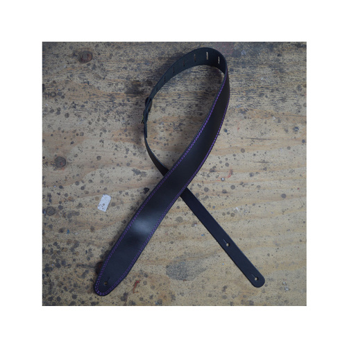 COLONIAL LEATHER Purple Stitched Black 2.5" Leather Guitar Strap