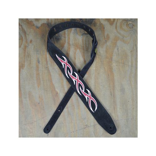 COLONIAL LEATHER Red & White XXX Embroidered Black Suede Guitar Strap