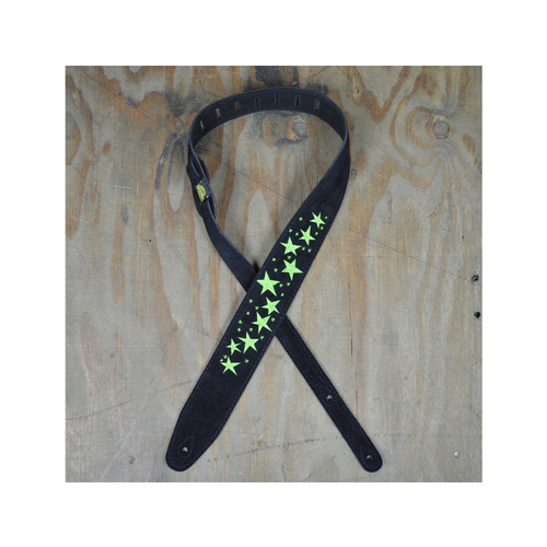 COLONIAL LEATHER Green Stars Embroidered Black Suede Guitar Strap