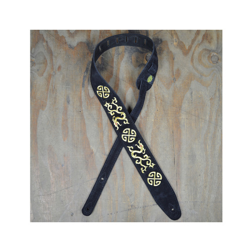 COLONIAL LEATHER Gold Chinese Dragon Embroidered Black Suede Guitar Strap