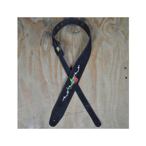 COLONIAL LEATHER Rose & Barbed Wire Embroidered Black Suede Guitar Strap