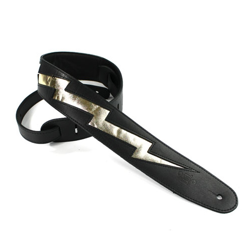 DSL Black Leather W/ Gold Lightning Bolt Guitar Strap