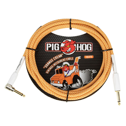 PIG HOG Woven 10ft Orange Creme Guitar Cable Right Angle Jack