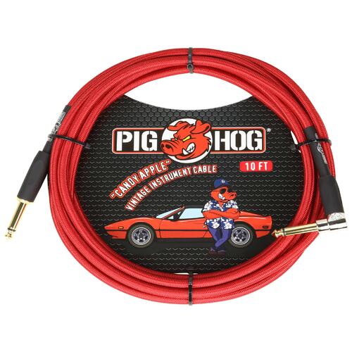PIG HOG Woven 10ft Candy Apple Red Guitar Cable Right Angle Jack
