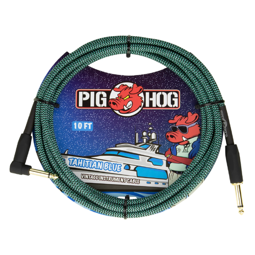 PIG HOG Woven 10ft Tahitian Blue Guitar Cable Right Angle Jack