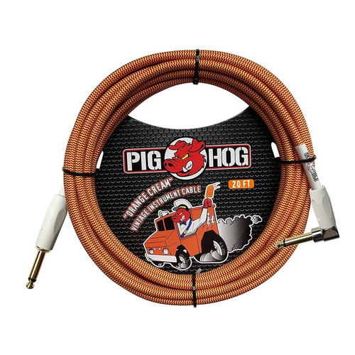 PIG HOG Woven 20ft Orange Creme Guitar Cable Right Angle Jack