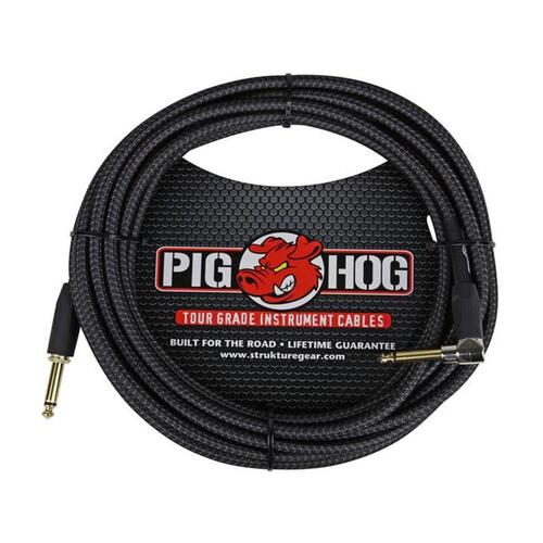 PIG HOG Woven 20ft Black Guitar Cable Right Angle Jack