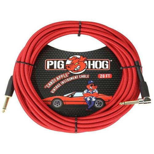 PIG HOG Woven 20ft Candy Apple Red Guitar Cable Right Angle Jack