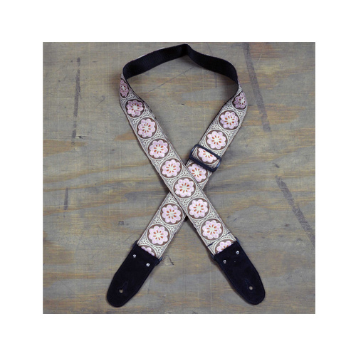 COLONIAL LEATHER Pink Flowers Jacquard 50mm Webbing Guitar Strap