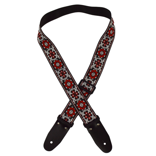 COLONIAL LEATHER Red Flower Jacquard 50mm Webbing Guitar Strap