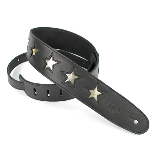 DSL Black Leather W/ Gold Star Guitar Strap