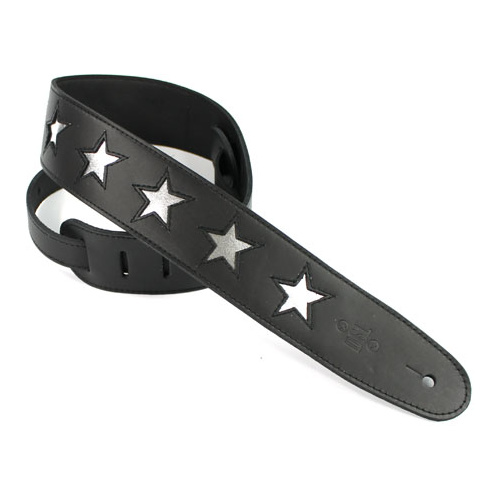 DSL Black Leather W/ Silver Star Guitar Strap